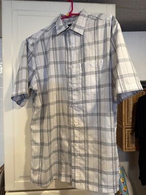 George Men's Short-Sleeve Plaid Button-Up Shirt - White and Gray size large 3:30